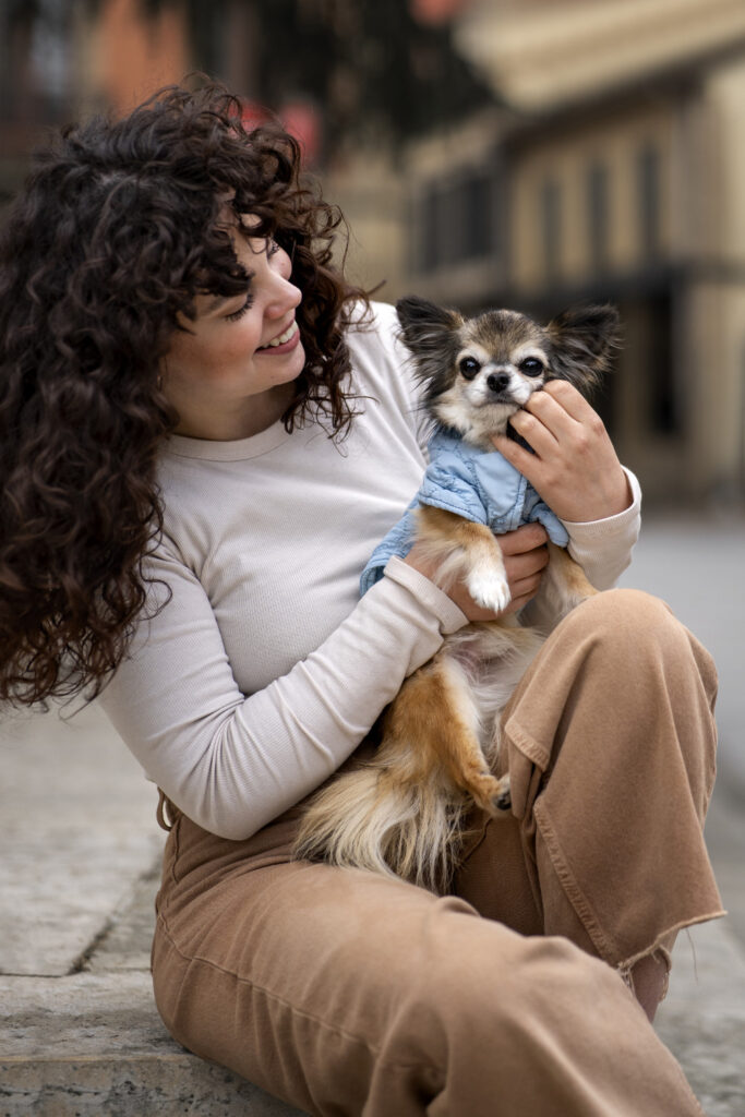Front View Woman With Cute Chihuahua Dog 683x1024